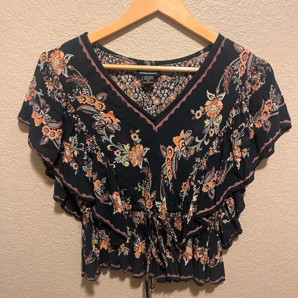 Angie Floral V-Neck Peplum Top - Black with Peach Floral